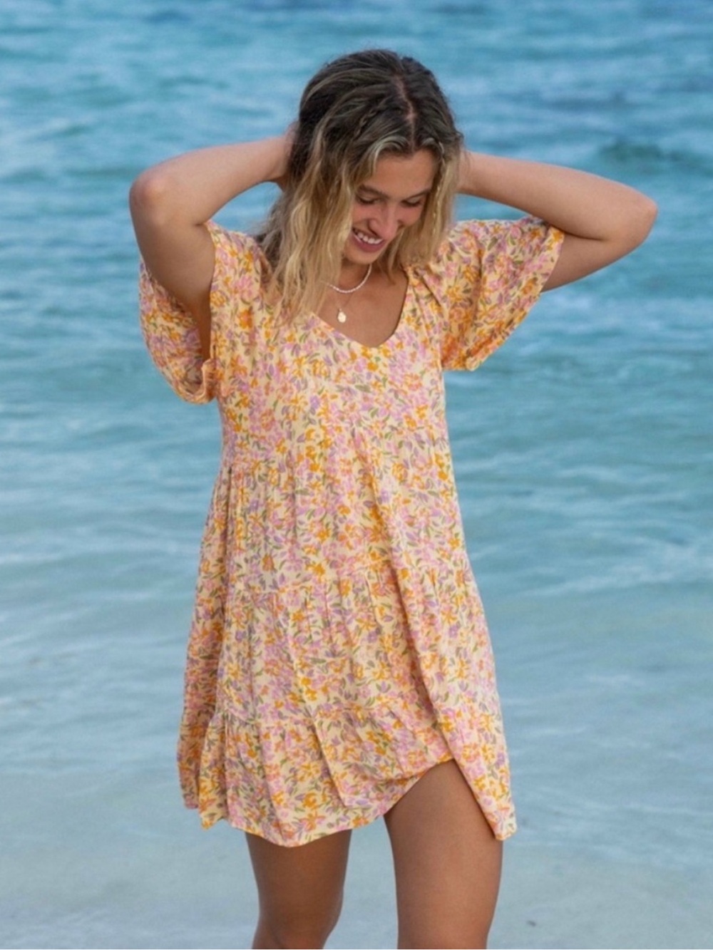 Billabong Take a Chance Floral Minidress Peach Punch beachy Nordstrom 10 12 L